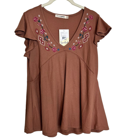 Live to be Spoiled Juniors Baby Doll Thermal Knit Top Large Brown Embroidered - Picture 1 of 7